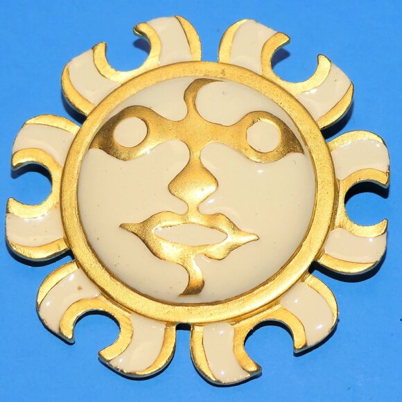 Vintage Maxine Denker Sun Face Brooch Pin Enamel Gold Tone Modernist Signed Rare - Picture 2 of 7